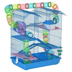 18.5" 5 Tier Hamster Cage with Tubes and Tunnels, Small Animal Cage, Rat Gerbil Cage with Water Bottle, Food Dish, Exercise Wheel, Blue